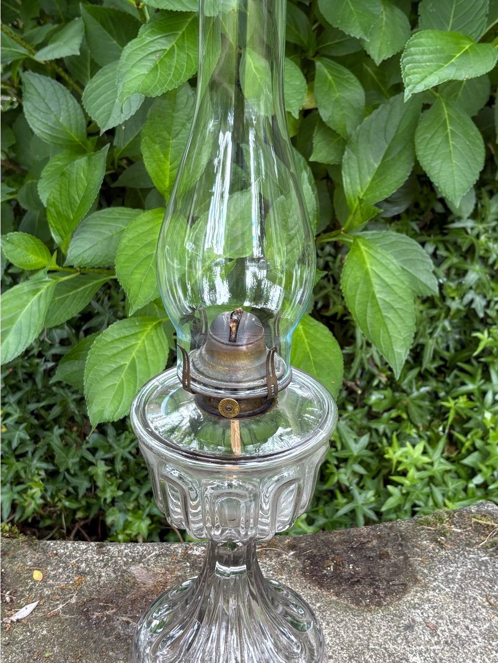 Vintage Oil Lamp Queen Anne No. 2 Burner 17.5" Clear Pressed Glass Base & Shade